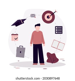 Stay focused. Boy pupil focusing on education. Student aim to target. Studying in focus, productivity and self discipline. Back to school. Planning and development concept. Flat vector illustration