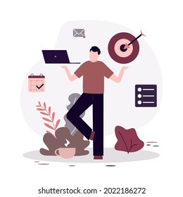 Stay focused. Calm staying man working with laptop. Guy aim to target. Work in focus, productivity and self discipline. Goal achievement. Planning and development concept. Flat vector illustration