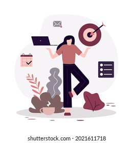 Stay focused. Calm staying woman working with laptop. Girl aim to target. Work in focus, productivity and self discipline. Goal achievement. Planning and development concept. Flat vector illustration