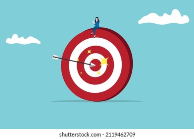 Stay Focused And Concentrate On Business Objective, Goal Or Target, Relax Meditation To Eliminate Distraction Concept, Peaceful Business Woman Meditate Sitting And Focusing On Big Archer Target