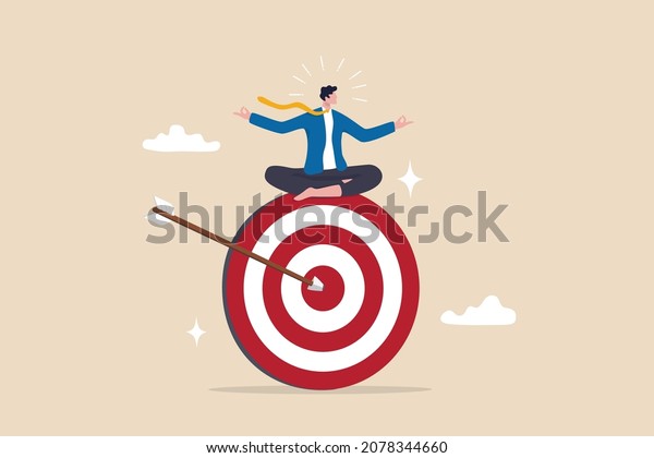 Stay focused and concentrate on business
objective, goal or target, relax meditation to eliminate
distraction concept, peaceful businessman meditate sitting and
focusing on big archer
target.