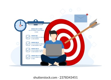 Stay focused concept. Cartoon man working with new goals, schedule and letter. Work in focus, productivity and self-discipline. Effective goal achievement. Planning and development.