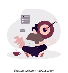 Stay focused concept. Cartoon woman working with aim, schedule and new letter. Work in focus, productivity and self discipline. Effective goal achievement. Planning and development.Vector illustration