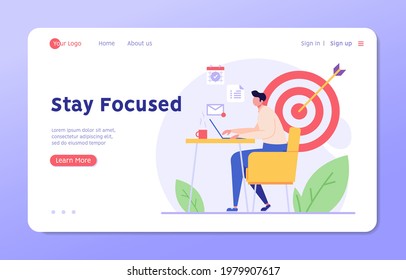 Stay focused concept. Man working with aim, schedule and new letter. Work in focus, productivity, self discipline. Goal achievement. Vector illustration for web design, banner, UI, landing page