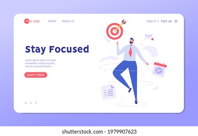 Stay focused concept. Man working with aim, schedule and new letter. Work in focus, productivity, self discipline. Goal achievement. Vector illustration for web design, banner, UI, landing page