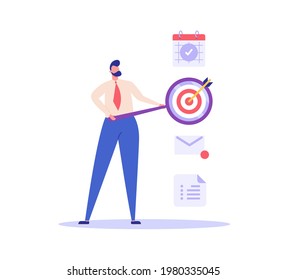 Mantente centrado en el concepto. Hombre trabajando con objetivo, horario y nueva carta. Trabajar en foco, productividad, autodisciplina. Logro de los objetivos. Ilustración vectorial para diseño web, banner, interfaz de usuario