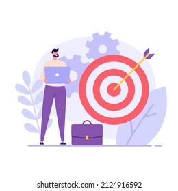 Stay focused concept. Man working with aim, schedule and new letter. Work in focus, productivity, self discipline. Goal achievement. Vector illustration for web design, banner, UI