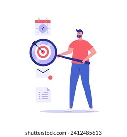 Stay focused concept. Man working with aim, schedule and new letter. Work in focus, productivity, self discipline. Goal achievement. Vector illustration for web design, banner, UI