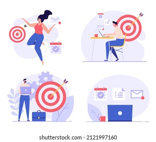 Stay focused concept set. People working with aim, schedule and new letter. Work in focus, productivity, self discipline. Goal achievement. Vector illustration for web design, banner, UI