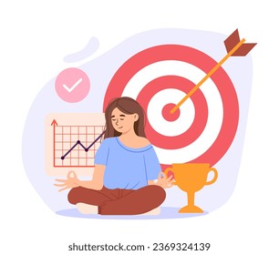 Stay focused concept. Woman in lotuis position at background of target with arrow. Graph and diagram, golden cup. Motivation and aspiration, successful employee. Cartoon flat vector illustration