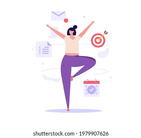 Stay focused concept. Woman working with aim, schedule and new letter. Work in focus, productivity, self discipline. Goal achievement. Vector illustration for web design, banner, UI