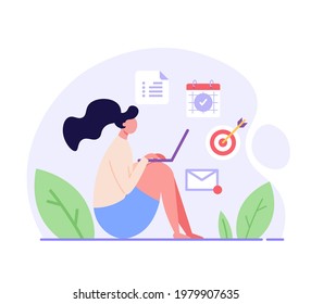 Stay focused concept. Woman working with aim, schedule and new letter. Work in focus, productivity, self discipline. Goal achievement. Vector illustration for web design, banner, UI