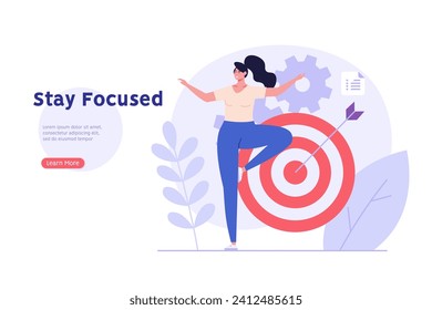 Stay focused concept. Woman working with aim, schedule and new letter. Work in focus, productivity, self discipline. Goal achievement. Vector illustration for web design, banner, UI