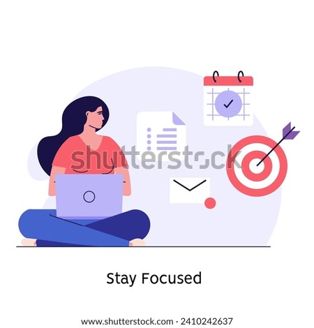 Stay focused concept. Woman working with aim, schedule and new letter. Work in focus, productivity, self discipline. Goal achievement. Vector illustration for web design, banner, UI
