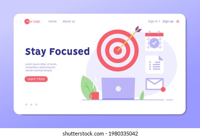 Stay focused concept. Working with aim, schedule and new letter. Work in focus, productivity, self discipline. Goal achievement. Vector illustration for web design, banner, UI, landing page