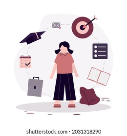 Stay focused. Girl pupil focusing on education. Female student aim to target. Studying in focus, productivity and self discipline. Back to school. Planning and development concept. Vector illustration