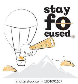 
Stay focused inscription. Motivational quote, handwritten calligraphy and embossed tape text on abstract pink brush strokes. Bulb character with monocular.