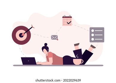 Stay focused. Lying business woman working with aim, schedule and new letter. Work in focus, productivity and self discipline. Goal achievement. Planning and development concept. Vector illustration