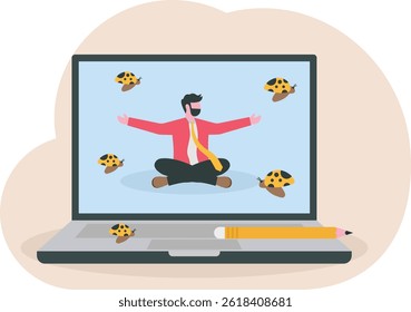 Mantenha-se focado no trabalho e ignorar distrações, concentração ou meditação para motivar a busca de conceito alvo, homem de negócios calmo meditar e concentrar-se no trabalho no meio de distrações.

