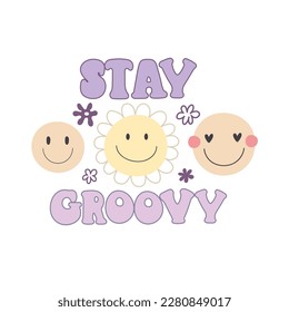 Stay groovy. Cartoon peace sign, flowers, hand drawing lettering, décor elements. colorful vector illustration, retro style. design for cards, print, posters, logo, cover