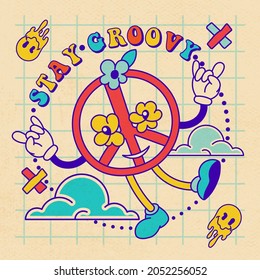 Stay groovy Good vibes slogan with character hippy peace symbol. Funky Hippie style and motivational slogan illustration for tee, t shirt and sticker - poster design 