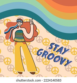 Stay groovy lettering with vintage hippie styled. Good vibes sticker design template. Vector retro vintage cartoon character illustration. Funny hippie flower, slogan print for t-shirt, poster.