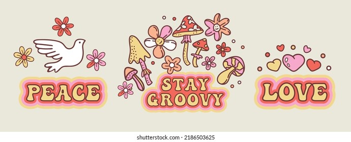 Peaсe, stay groovy, love. Vector vintage flat illustration set