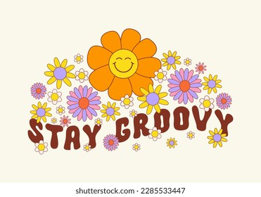 Stay groovy retro hippie design illustration, positive message phrase isolated on a beige background. Horizontal background. Trendy groovy vector print in style 70s, 80s