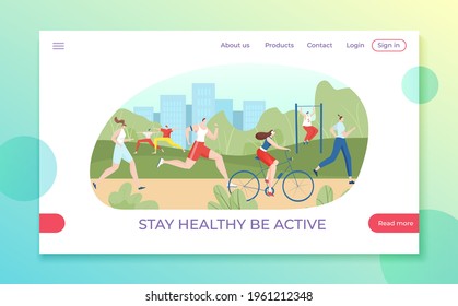 Stay healthy and be active landing web banner, modern city citizen character outdoor urban training ground flat vector illustration.