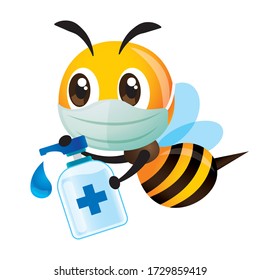 Stay healthy. Cartoon cute bee wearing protective mask is educating people to use sanitizer to clean their hands to protect against virus or coronavirus - vector character