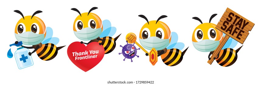 Stay healthy. Cartoon cute bee in set wearing protective mask and fight against coronavirus, bee thank you to frontliners, use hand sanitizer and holding stay safety signboard - vector character set