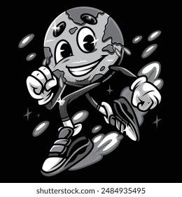 Stay Healthy Flower Earth Retro Cartoon Black and White Illustration