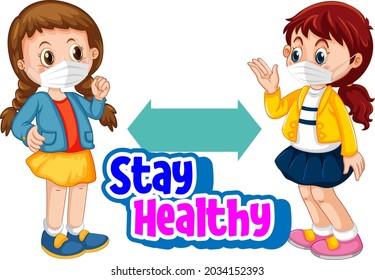 Stay Healthy font in cartoon style with two children keeping social distance isolated on white background illustration