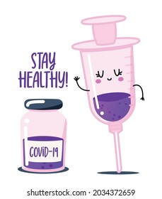 Stay healthy, get your flu shot - status for Social distancing poster with text Label Vector of Vaccinated People. Hand lettering motivational quote isolated on white background. Kawaii vaccine.