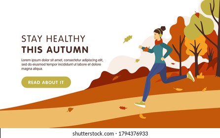 Stay healthy landing page template. Young brunette woman running in the autumn park in sport clothes. Vector cartoon flat illustration