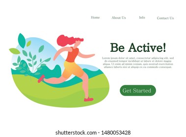 Stay healthy landing page website template. Fitness couple training outdoors, jogging in the park. Active and healthy lifestyle.