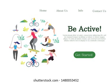 Stay healthy landing page website template. Fitness couple training outdoors, jogging in the park. Active and healthy lifestyle.