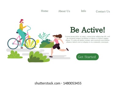 Stay healthy landing page website template. Fitness couple training outdoors, jogging in the park. Active and healthy lifestyle.