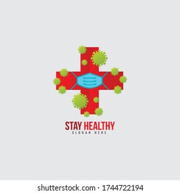 Stay Healthy Logo Template, Coronavirus Medicine, Mask Covid-19, Medical Logo To Encourage People To Take Care Of Their Health From Viruses.