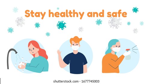 Stay Healthy and safe from coronavirus   poster design for help and protect from 2019-nCov disease, Virus protection Vector illustration. 