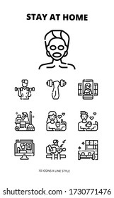 STAY AT HOME : 10 icons set for webpage, application, card, printing, social media, posts etc.