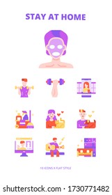 STAY AT HOME : 10 icons set for webpage, application, card, printing, social media, posts etc.