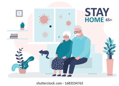 Stay Home 65 And Older Banner Template. Elderly Couple At Home. Quarantine Or Self-isolation. Grandparents Health Care Concept. Fears Of Getting Coronavirus. Global Viral Epidemic Or Pandemic.Vector