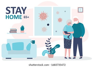 Stay home 65 and older banner template. Elderly couple at home. Quarantine or self-isolation. Grandparents health care concept. Fears of getting coronavirus. Global viral epidemic or pandemic.Vector