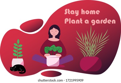 Stay home activity concept illustration. Woman planting flowers. Stay home, plant a garden. Self isolation period. The concept of home plant breeding.  Eps 10