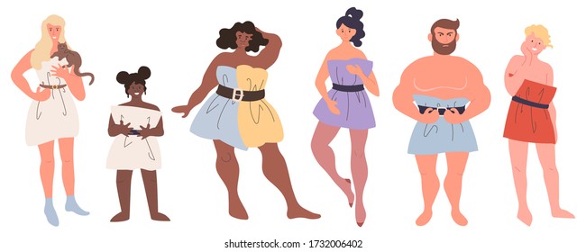 Stay Home Activity - Crazy Pillow Challenge due COVID-19 coronavirus outbreak 2020. Set with kids and adult people in different pose, who wear pillow with belt like dress. Viral social media trend