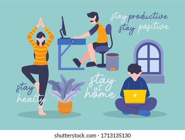 Stay at home activity flat cartoon set vector illustration. Daily activity to keep healthy and stay productive. A man working with computer, girl doing yoga exercise, and a boy with laptop.