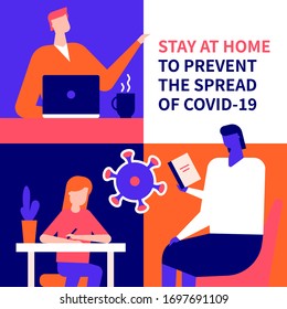 Stay at home advice - flat design style illustration. Coronavirus protective measure, quarantine recommendation idea. A man working online, woman reading, a girl studying in her room composition