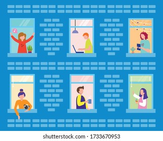 Stay home. Apartment building with people in open window spaces. Neighbors people character vector illustration flat design