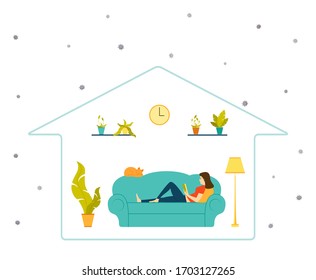 Stay at home to avoid virus infection. The coronavirus outbreak. Health care, safety and social distancing concept. Quarantine or self-isolation theme. Covid 19. Illustration in a flat cartoon style.